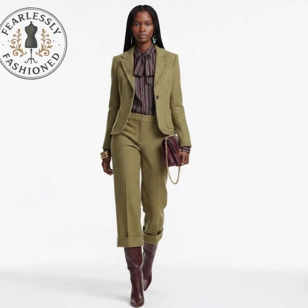 Etcetera Green Wool Blend Size 12 Tweed Blazer And Size 10 Pants Set.